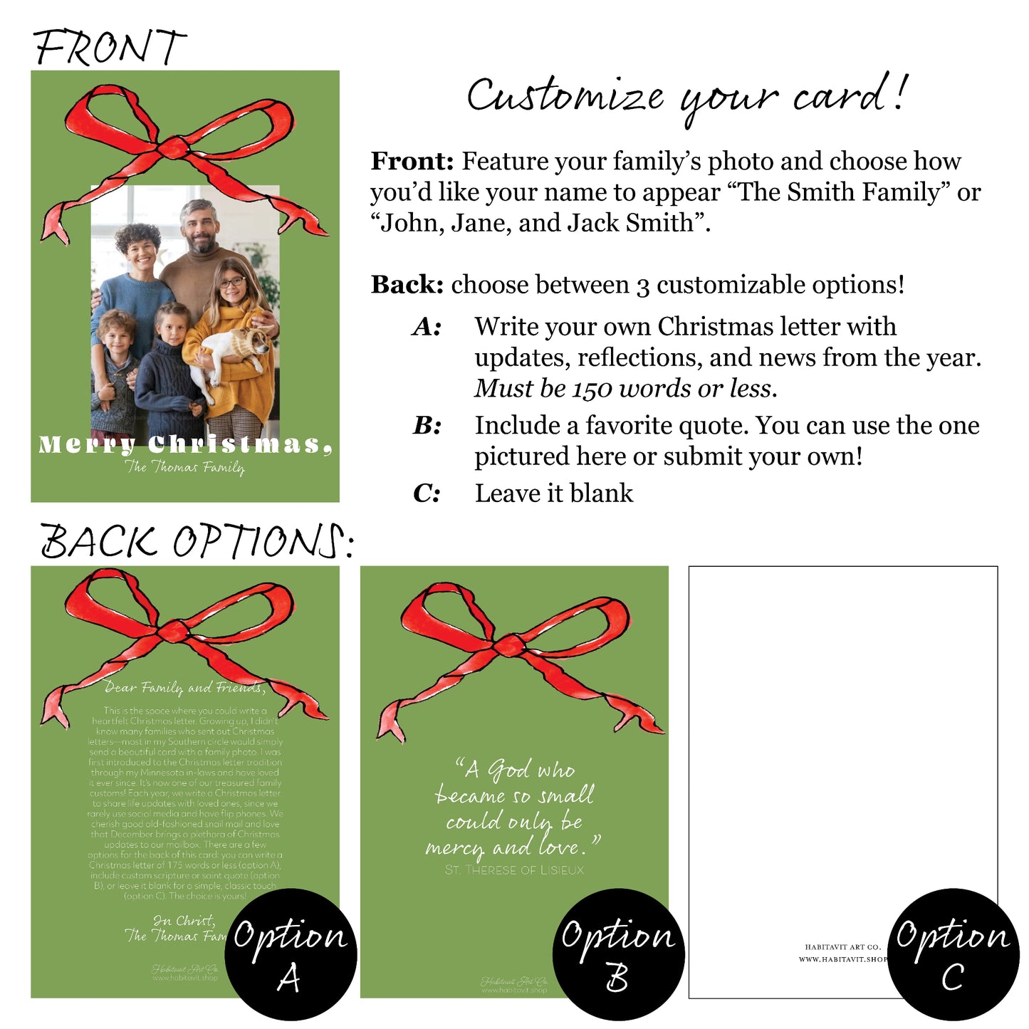 "Watercolor Bow" | Semi-Custom Christmas Card (5x7) - Habitavit Art Co.