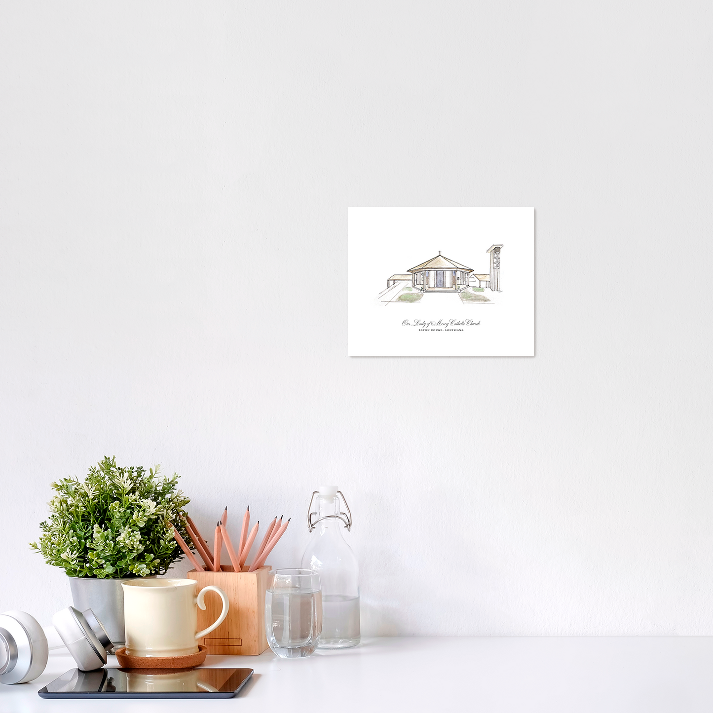 Our Lady of Mercy Church - Modern Muted Drawing | Baton Rouge, LA Catholic Art Print (Watercolor)