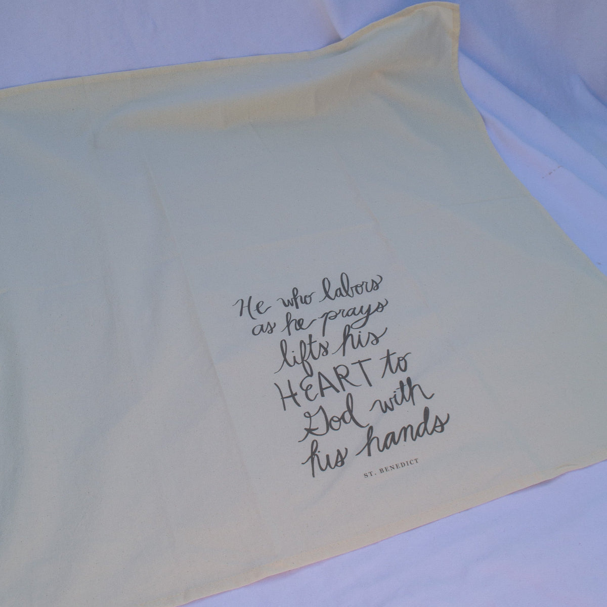 Catholic Tea Towel | “He Who Labors as He Prays” (27×27" Cotton) - Habitavit Art Co.