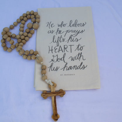 Catholic Tea Towel | “He Who Labors as He Prays” (27×27" Cotton) - Habitavit Art Co.