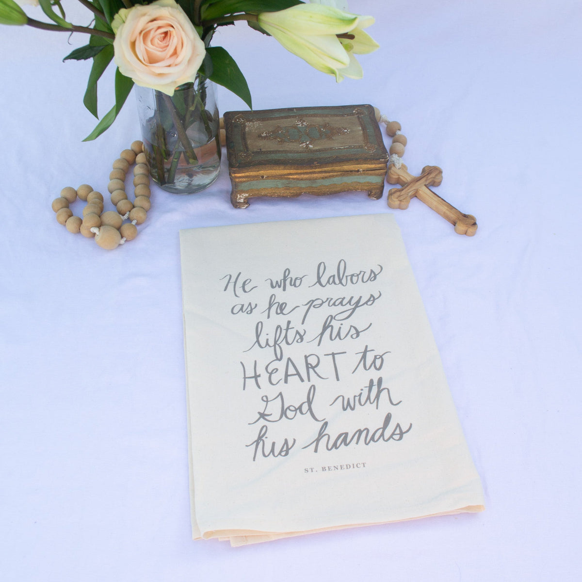 Catholic Tea Towel | “He Who Labors as He Prays” (27×27" Cotton) - Habitavit Art Co.