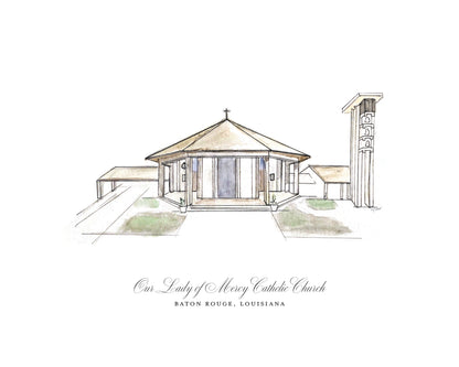 Our Lady of Mercy Church - Modern Muted Drawing | Baton Rouge, LA Catholic Art Print (Watercolor)